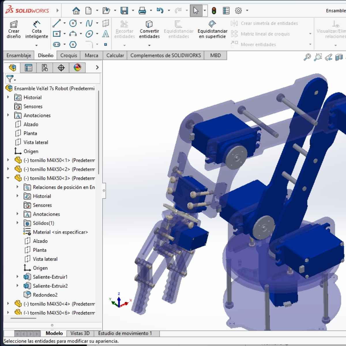 Diseño 3D Brazo Robotico VeXel  7 Servos – Solidworks